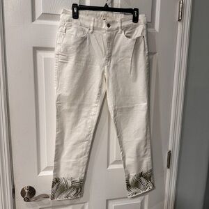 White Mid-Rise Slim Jeans with gold trim